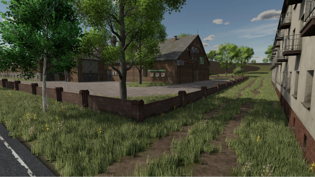 Scenic farmyard from FS25 mod 3 dvory v1.3.0.1, featuring a rustic building, lush greenery, and stone pavement.