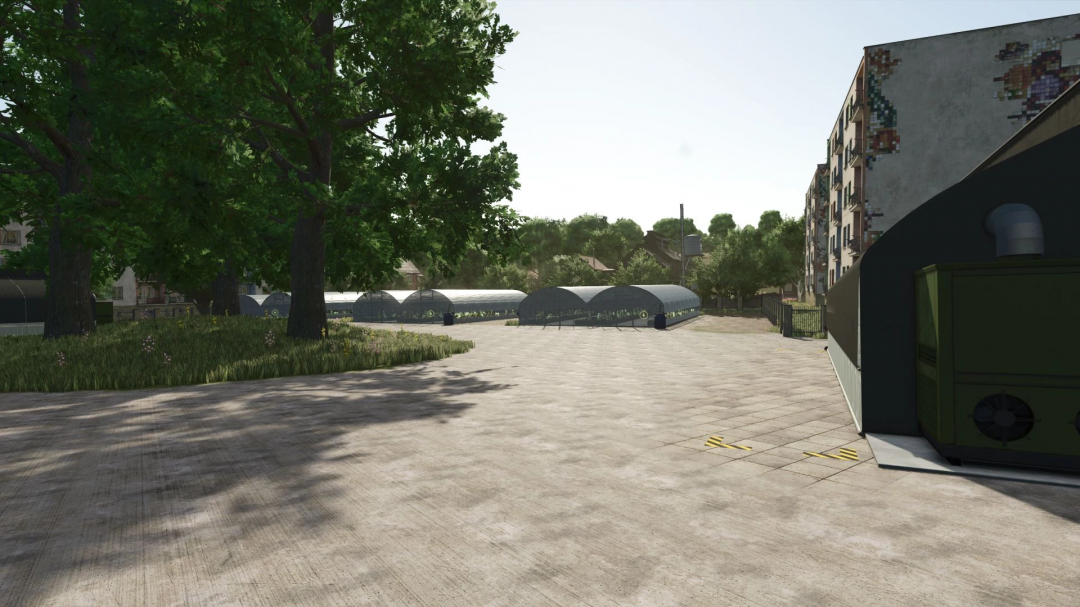 FS25 mod 3 dvory v1.3.0.1 showcases a peaceful farmyard with greenhouses, trees, and a building background.