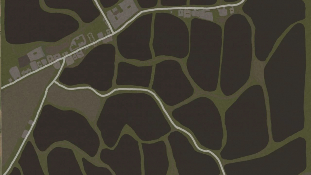 Map layout of 3 dvory v1.3.0.1 mod for Farming Simulator 25, showing fields, roads, and buildings.