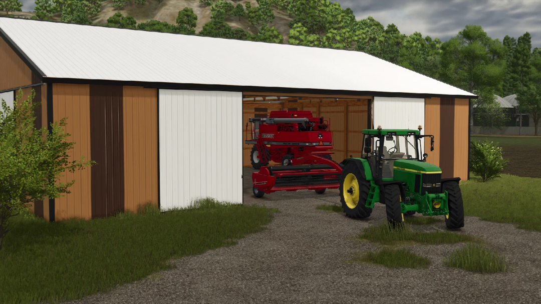 FS25 mod: 55x74 Machine Shed with a tractor and red equipment inside, surrounded by greenery.