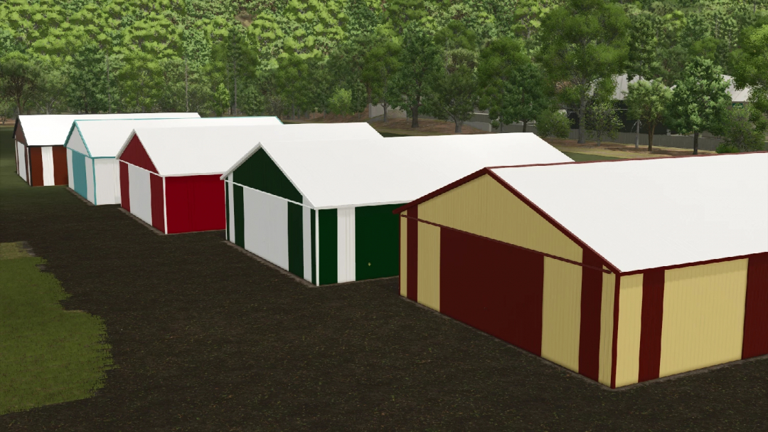 FS25 mods: 55x74 Machine Shed v1.0.0.0 featuring colorful farm sheds in a lush green landscape.