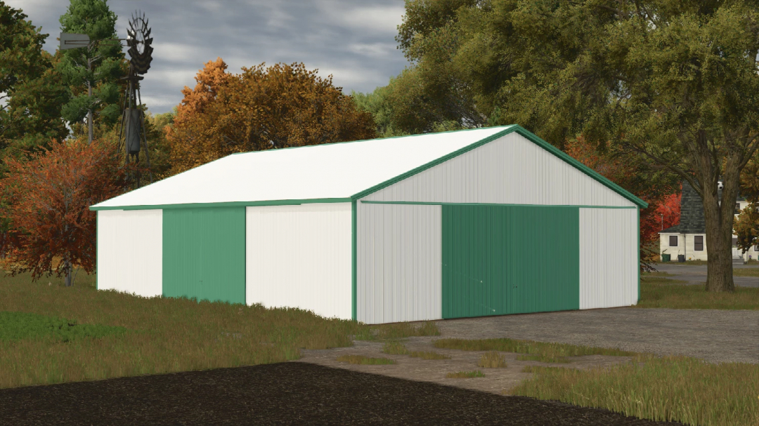 Image of 55x74 Machine Shed mod for FS25, featuring a green and white building in a rural setting.