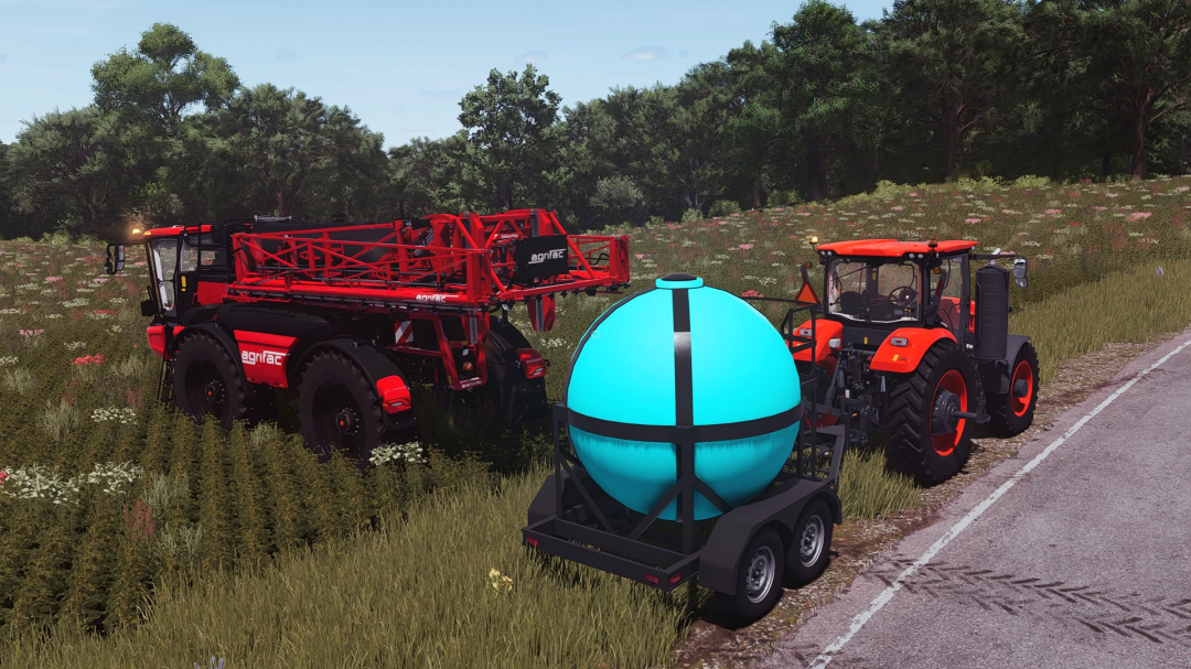 FS25 mod AG Spray Equipment Sphere V1.0.0.0 depicts red sprayer and tractor in field.