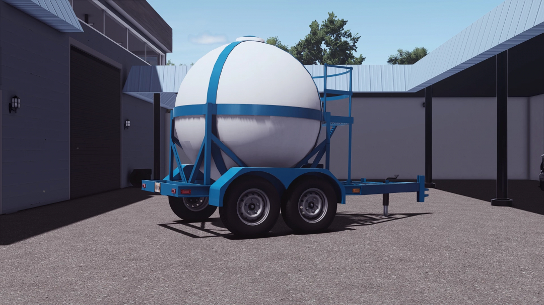 Image of AG Spray Equipment Sphere V1.0.0.0 mod for Farming Simulator 25, featuring a blue and white trailer setup in a yard.