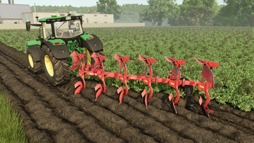 FS25 mods: Green tractor using Akpil KM180 plow on a farm field in Farming Simulator 25.