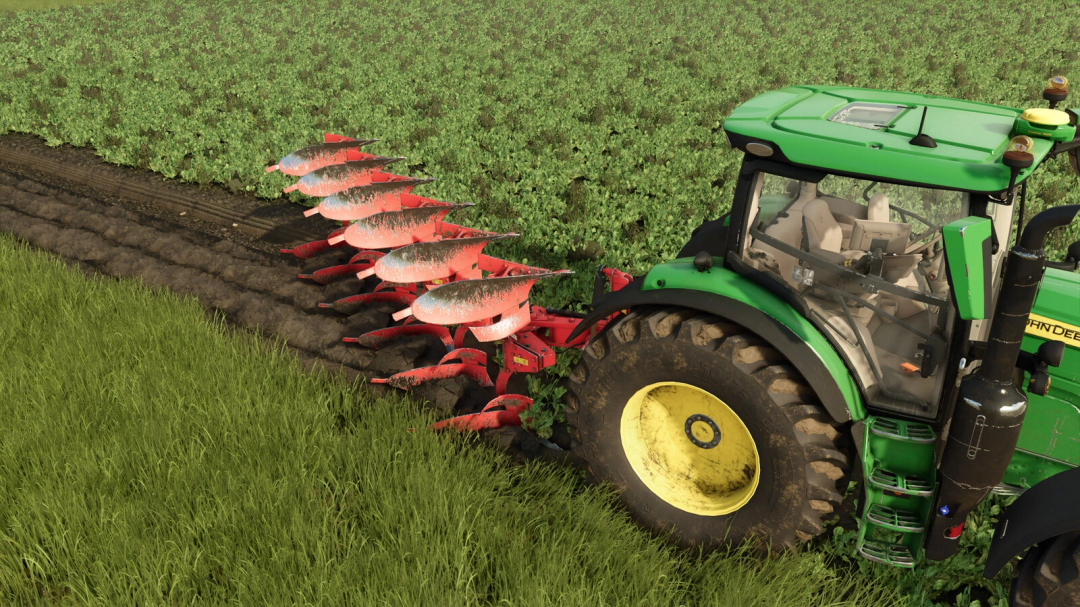 Akpil KM180 4+1+1 mod in action on a field in FS25, showing a green tractor pulling the plow.