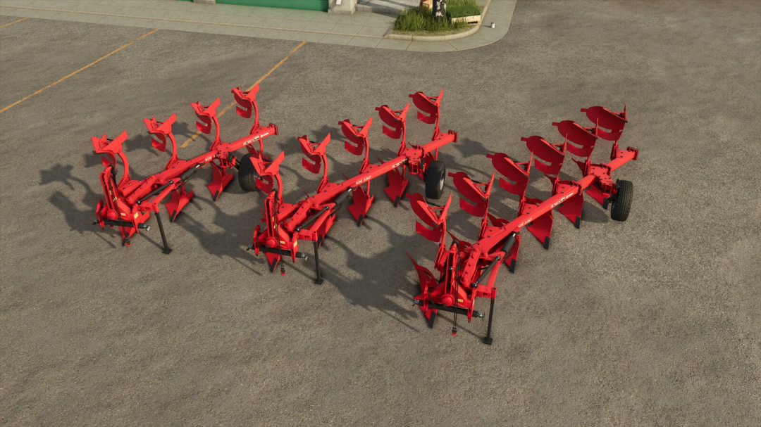 Red Akpil KM180 4+1+1 v1.1.0.0 mod for Farming Simulator 25, featuring plows on a gray pavement.