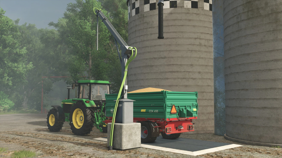 FS25 mod Automatic Grain Sampler v1.0.0.0 with tractor and trailer near silos.