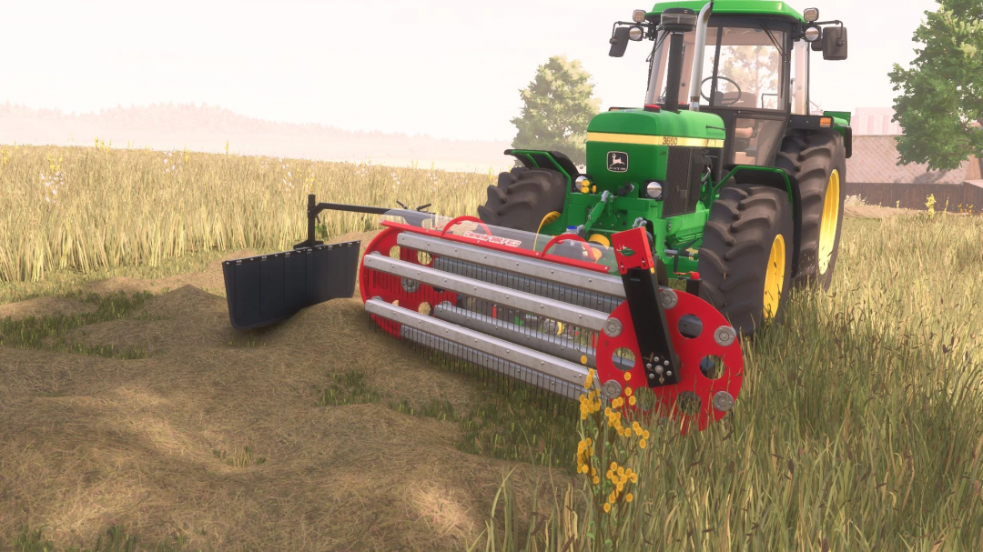 BBU Clementer 300 F Eco v1.0.0.0 mod in FS25 showcasing a green tractor with an attached red farming implement in a field.