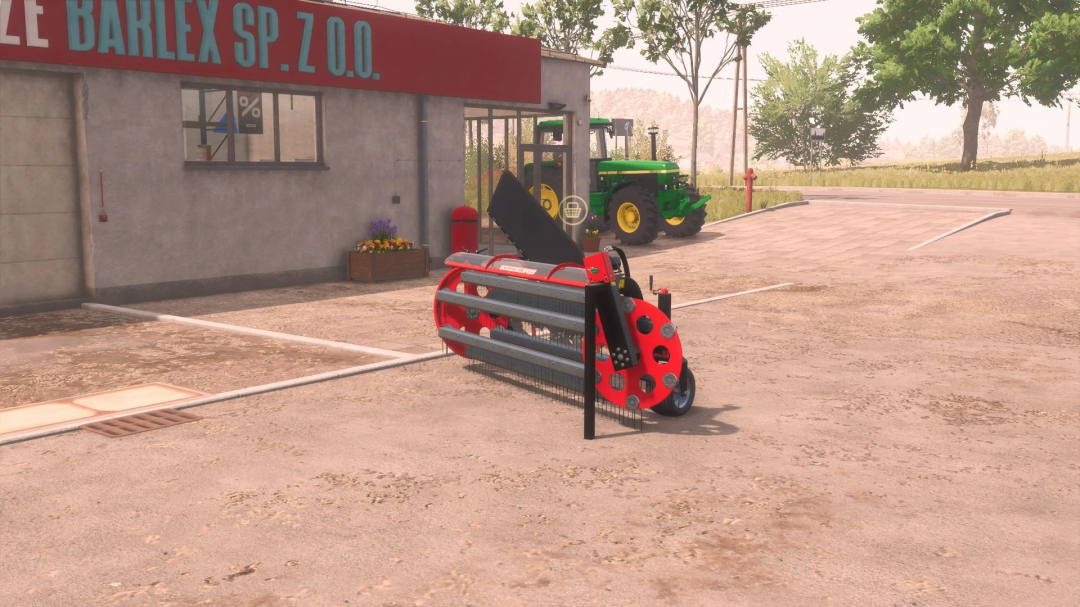 BBU Clementer 300 F Eco mod for Farming Simulator 25, displayed outside a building with a tractor in the background.