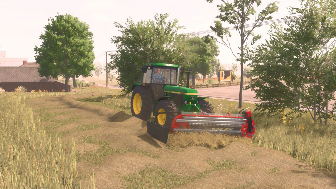 FS25 BBU Clementer 300 F Eco mod showing a green tractor with a mower working in a grassy field.