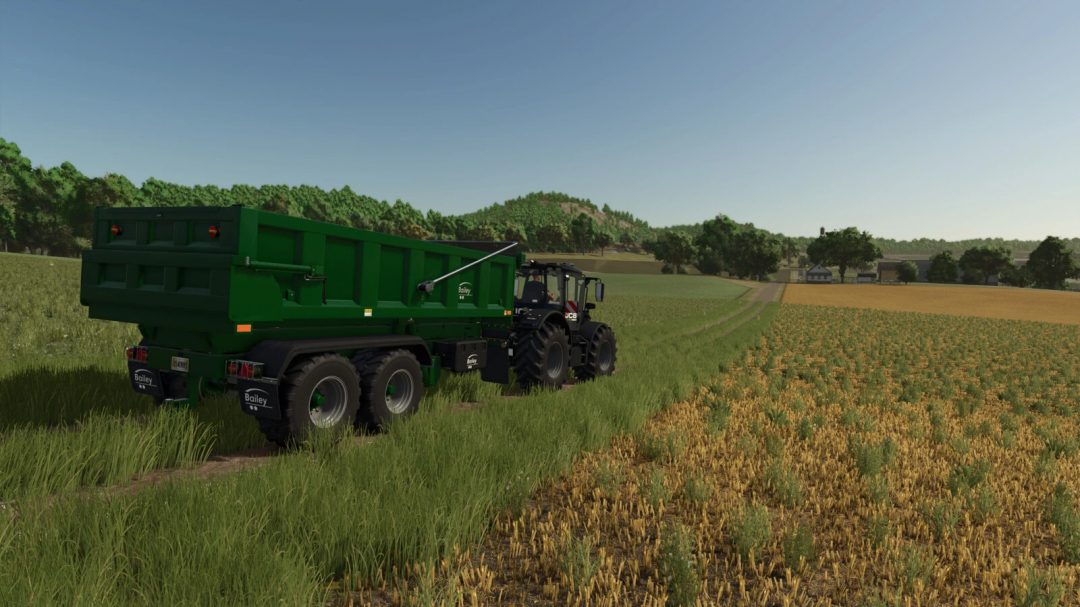 Bailey High Lift Trailer v1.0.0.0 mod in FS25, hauling crops across a field with a tractor.