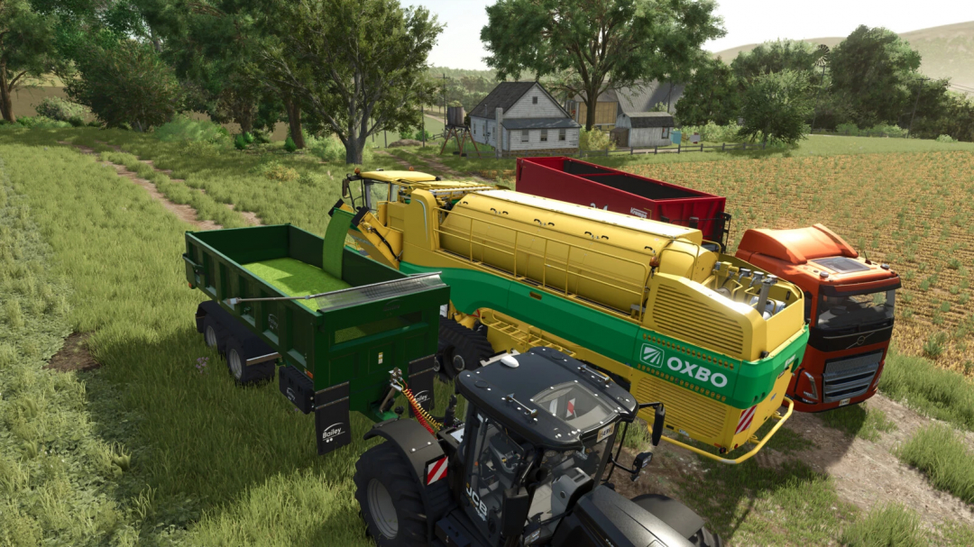 FS25 mod featuring Bailey High Lift Trailer v1.0.0.0 in a farm scene with farming machinery and lush fields.