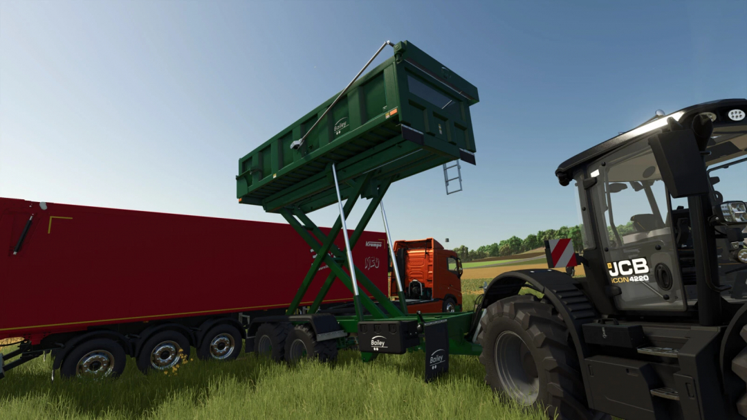 FS25 mod: Bailey High Lift Trailer v1.0.0.0 showcasing lifted green trailer beside JCB tractor on grass field.