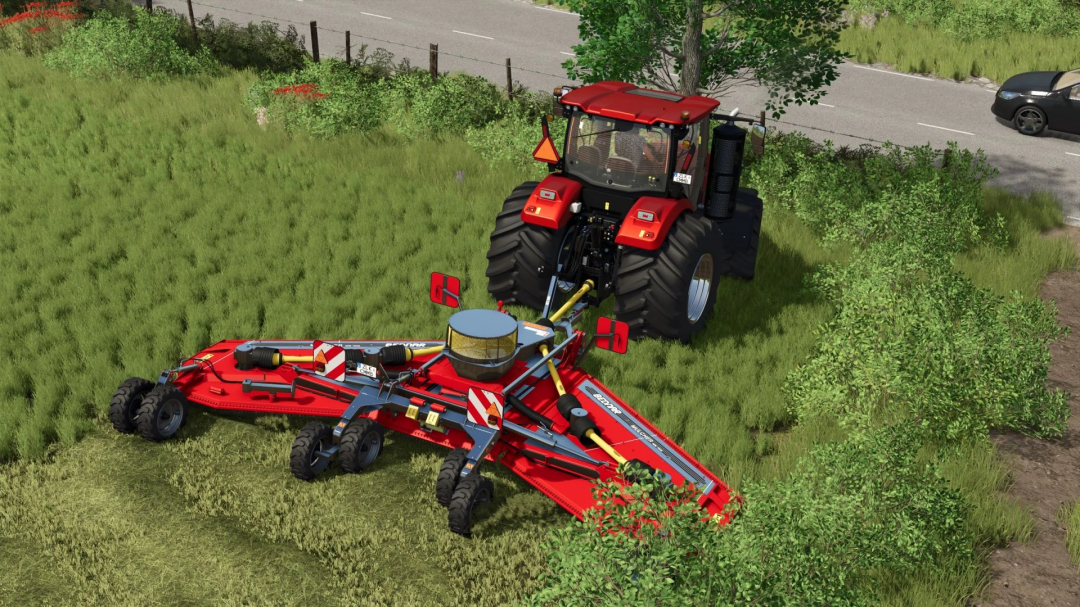 FS25 mod: Bednar MM7000 Mower Edited v1.0.0.0 in action, mowing grass with a red tractor on a virtual farm.