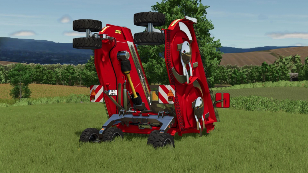 Bednar MM7000 Mower Edited mod in FS25, featuring red machinery on grass with hills in background.