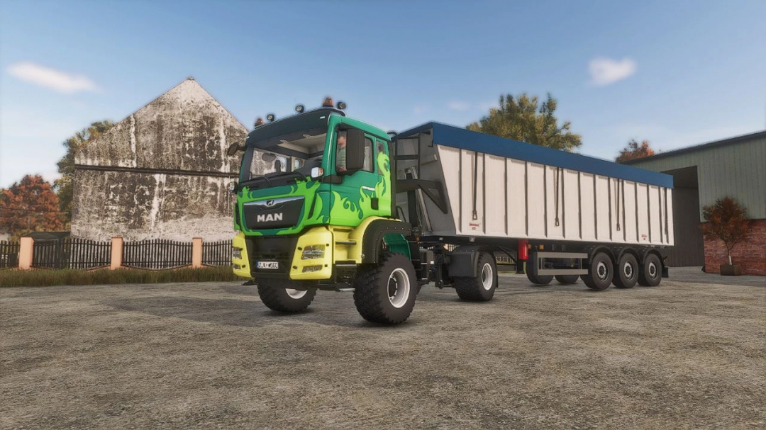 FS25 mod Benalu 55m3 v1.0.0.0 showcasing a green MAN truck with trailer attachment in a rural setting.