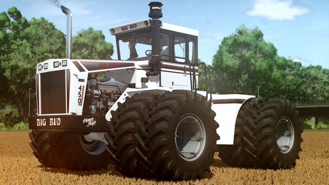 Big Bud 450 tractor mod for Farming Simulator 25 showcasing powerful tires and engine in a field.