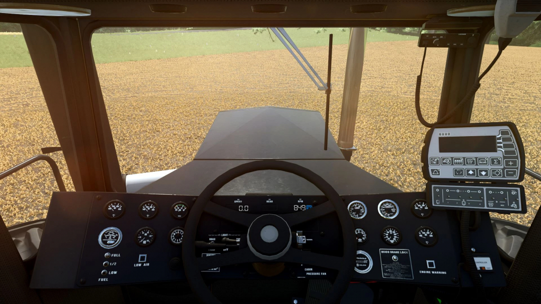 Interior view of Big Bud 450 tractor in FS25 mod, showing dashboard and steering wheel controls in Farming Simulator 25.