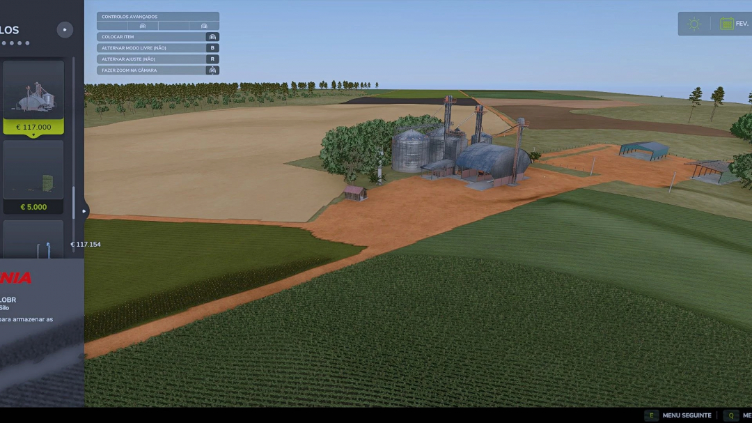 FS25 mod Brazilian Silo v1.0.0.0 in a vast farmland, showing silos and storage buildings.