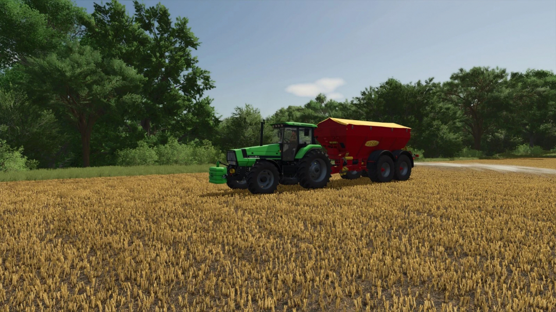 FS25 mod Bredal K 165 v1.0.0.0 in a field with a green tractor towing a red trailer.