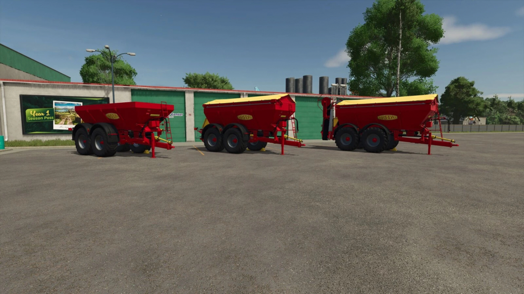 Three Bredal K 165 trailers parked in FS25 mod, showcasing farming equipment for Fertilizer Spreader mod in Farming Simulator 25.