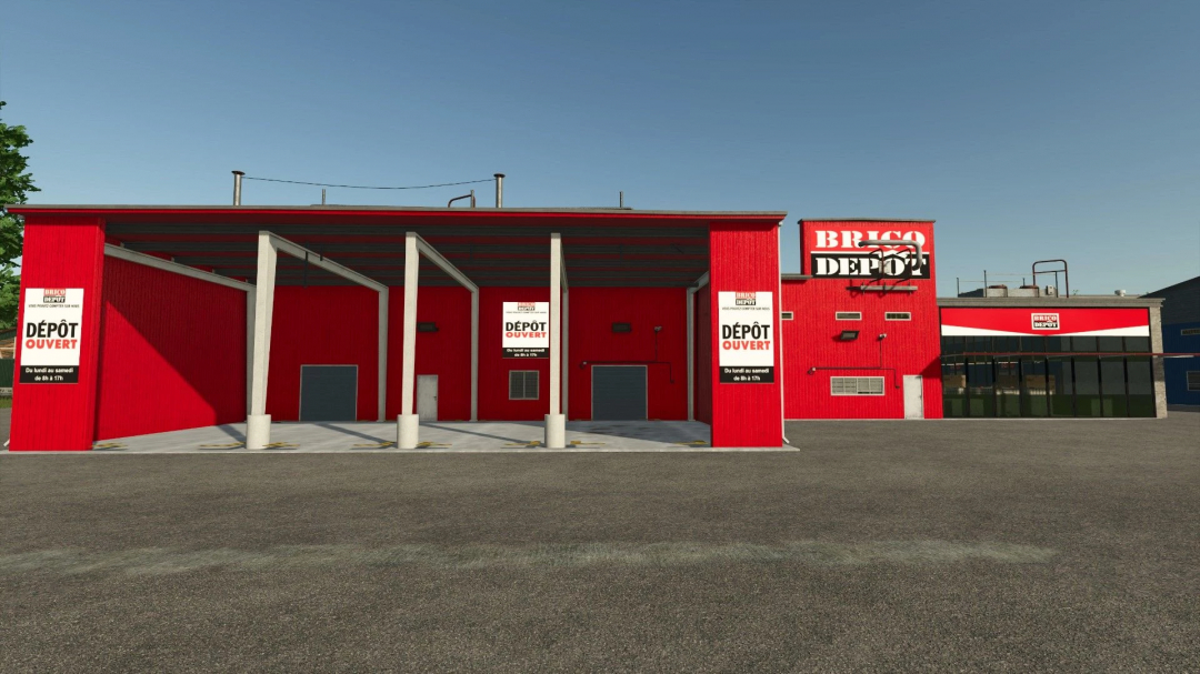 FS25 mod Brico Dépôt v1.0.0.0 image showing a red warehouse with a large sign. Farming Simulator 25 mod.