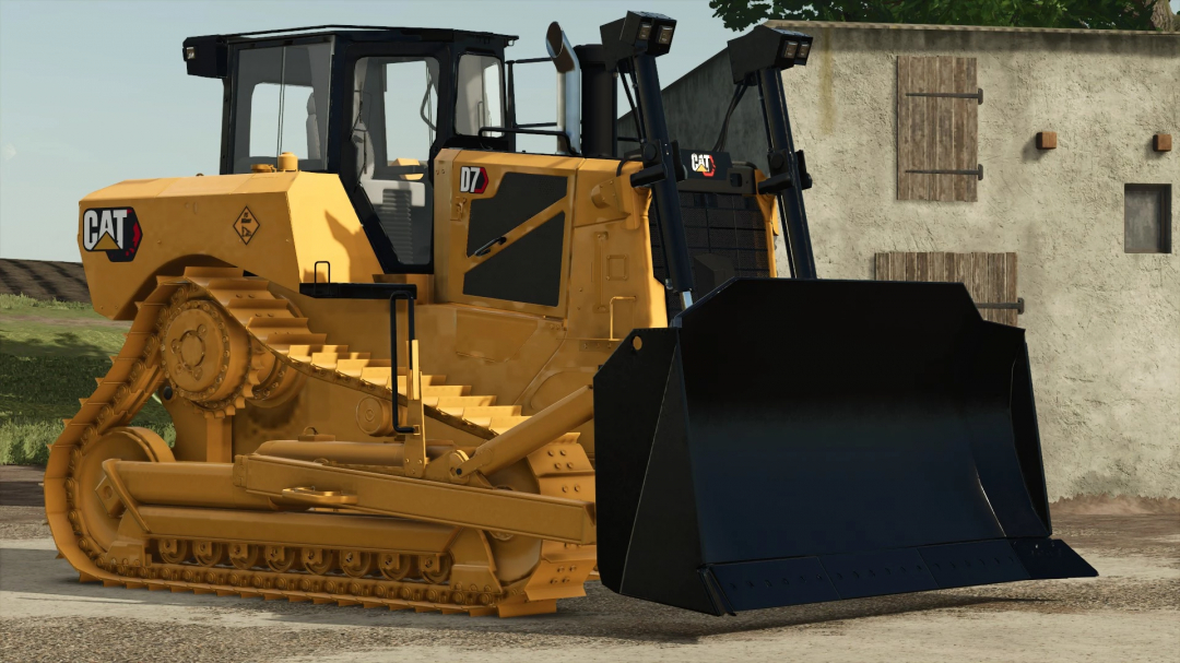 FS25 mod image of CAT Next Gen Dozers Pack showing a detailed yellow bulldozer with a large blade.