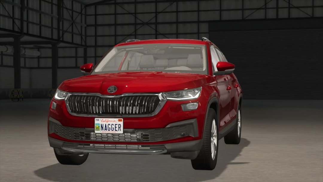 Red SUV with Californian license plate in FS25 mod.