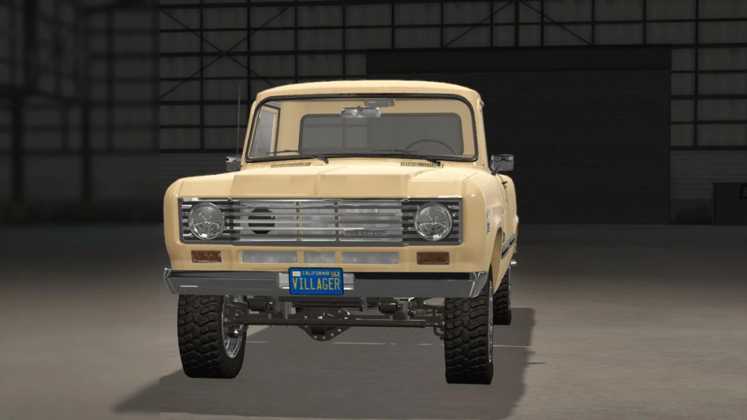 FS25 mod featuring a vintage truck with Californian license plate in a garage, showcasing the Californian license plates v1.0.0.0.