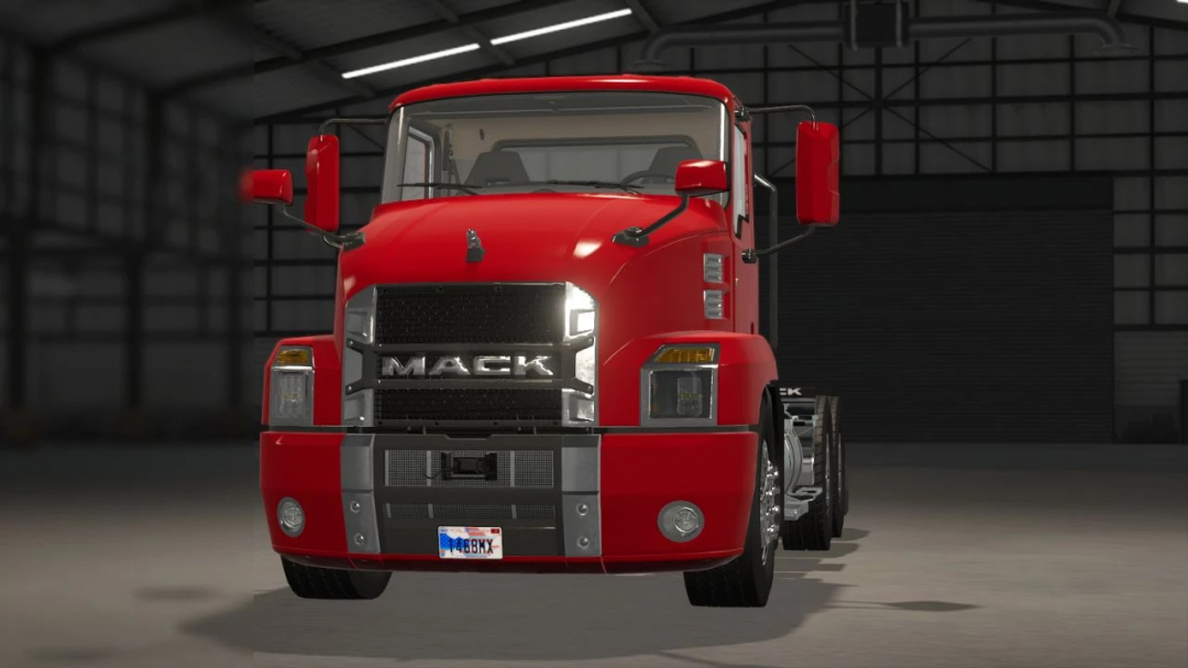 FS25 mod featuring Californian license plates on a red Mack truck in Farming Simulator 25.