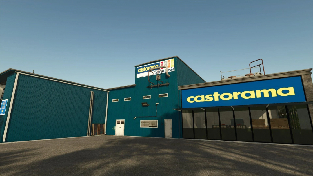 Castorama building mod in Farming Simulator 25, featuring a blue warehouse exterior. FS25 mods enhance gameplay realism.