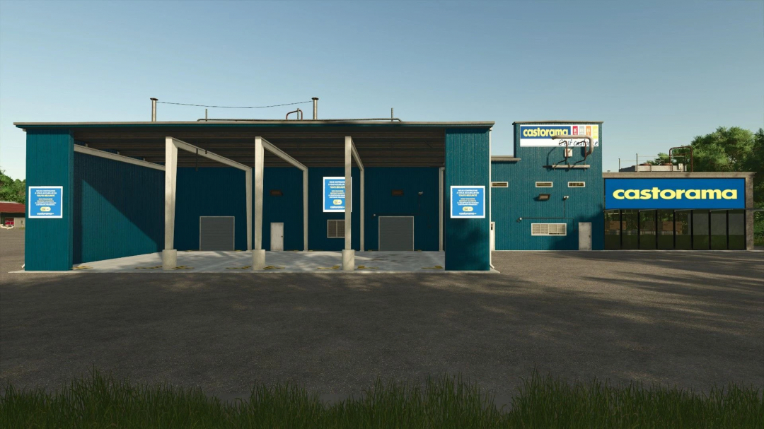 Castorama building mod in FS25, featuring a blue exterior with signage. Enhances the Farming Simulator 25 landscape.