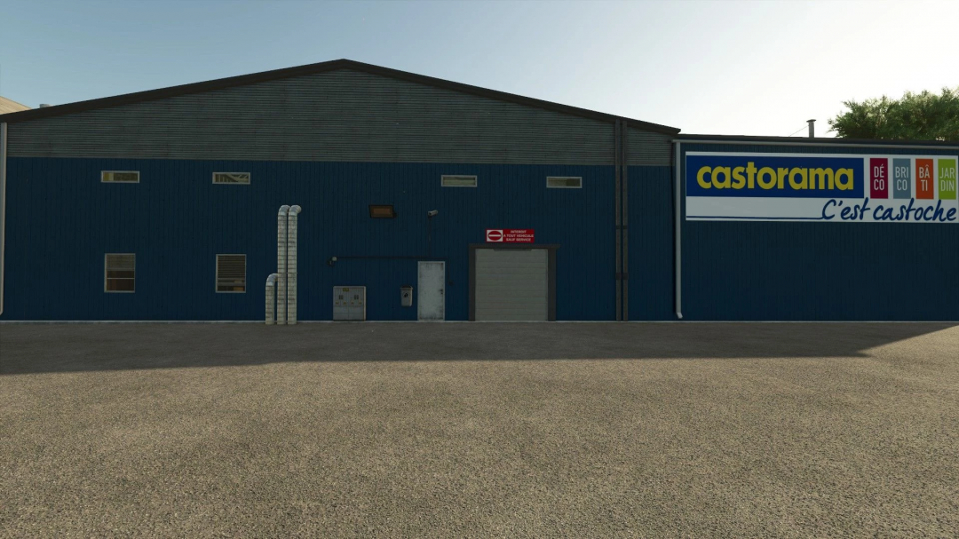 FS25 mod Castorama v1.0.0.0 features a large blue warehouse exterior with Castorama branding.