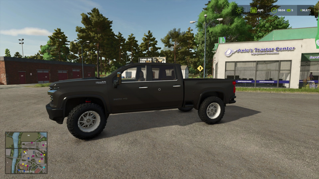 Chevrolet Silverado 2500 High Country mod in FS25, parked near Axle's Tractor Center.