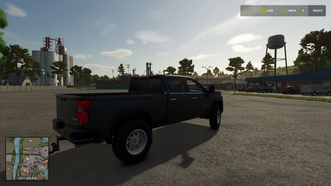 FS25 mod: Chevrolet Silverado 2500 High Country parked in a farming area, showcasing detailed design in Farming Simulator 25.