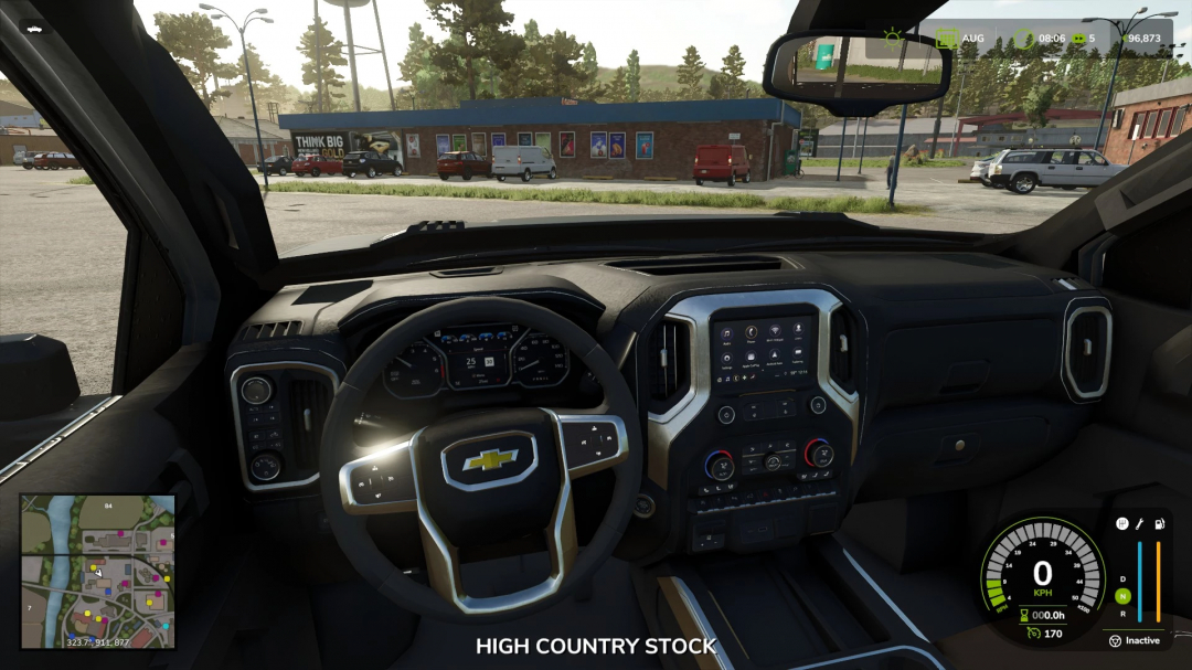 FS25 mod: Interior view of Chevrolet Silverado 2500 High Country in Farming Simulator 25, showing dashboard and controls.