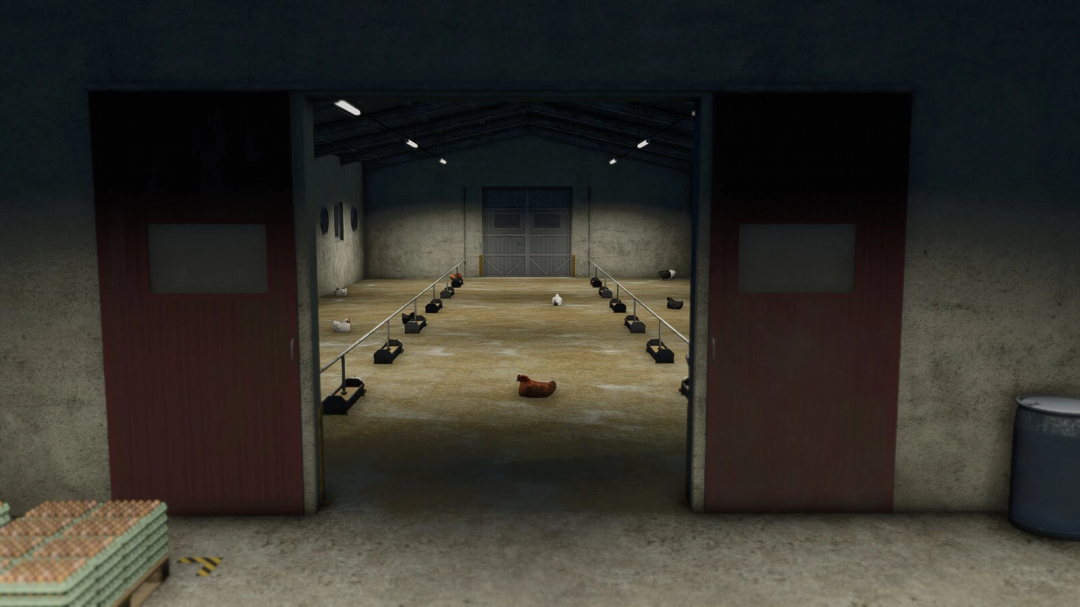 Interior of Chicken Coop 31x12 mod in FS25, featuring chickens and feeders.