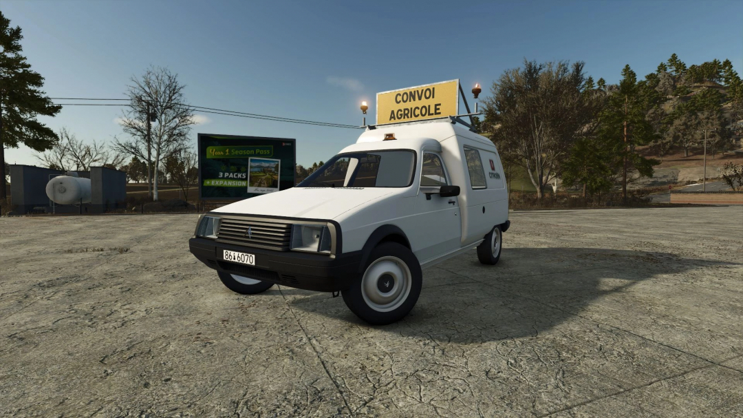 FS25 mod Citroën C15 v1.5.0.0 in farming setting, showcasing agricultural convoy sign.