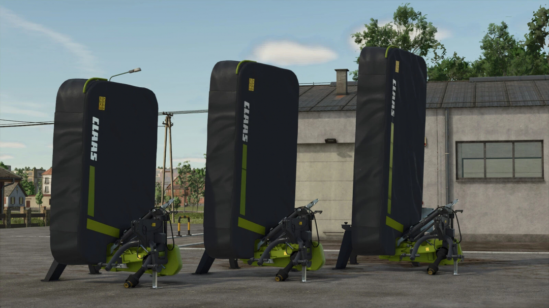 Claas Disco Pack v1.0.0.0 mod for FS25 showcasing three upright mowers on a farm background.