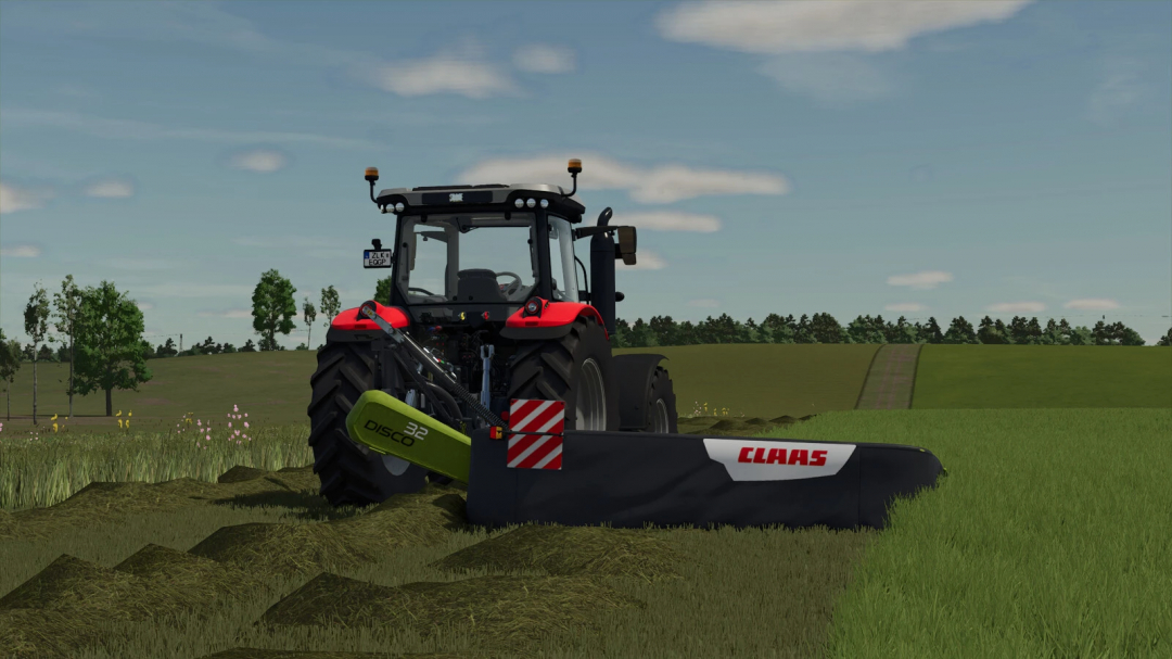 FS25 mod Claas Disco Pack v1.0.0.0 features a tractor with a Claas Disco 32 mower on a green field.