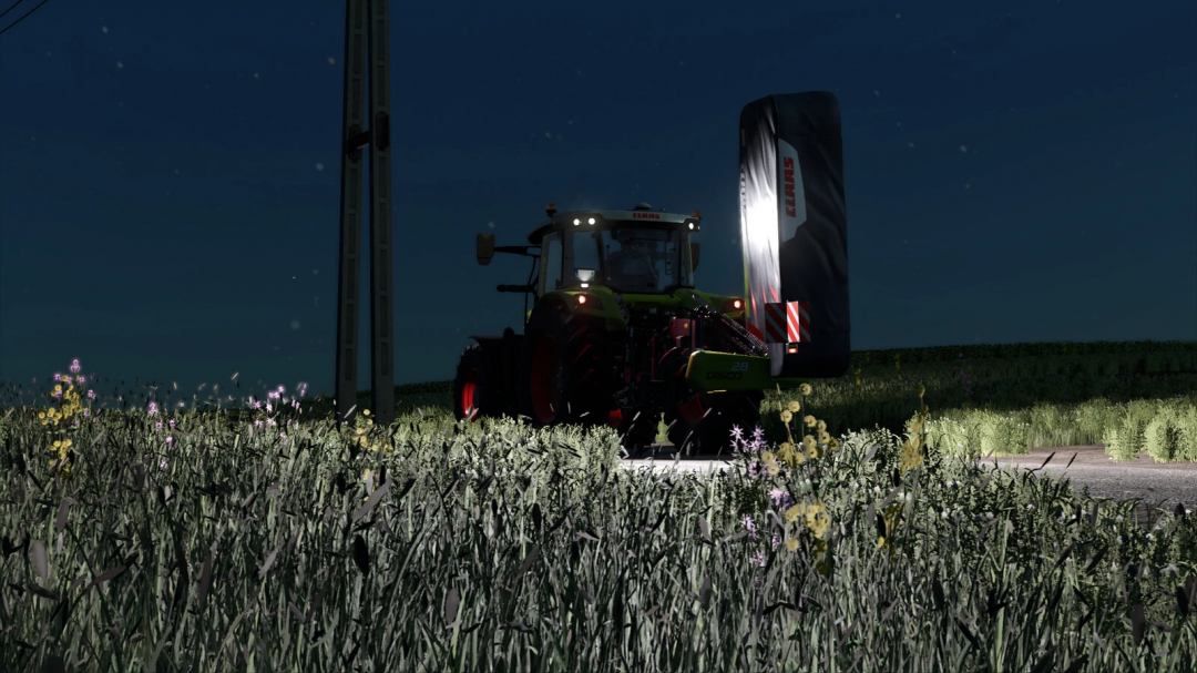 FS25 mods: Claas Disco Pack in action at night on a farming field.