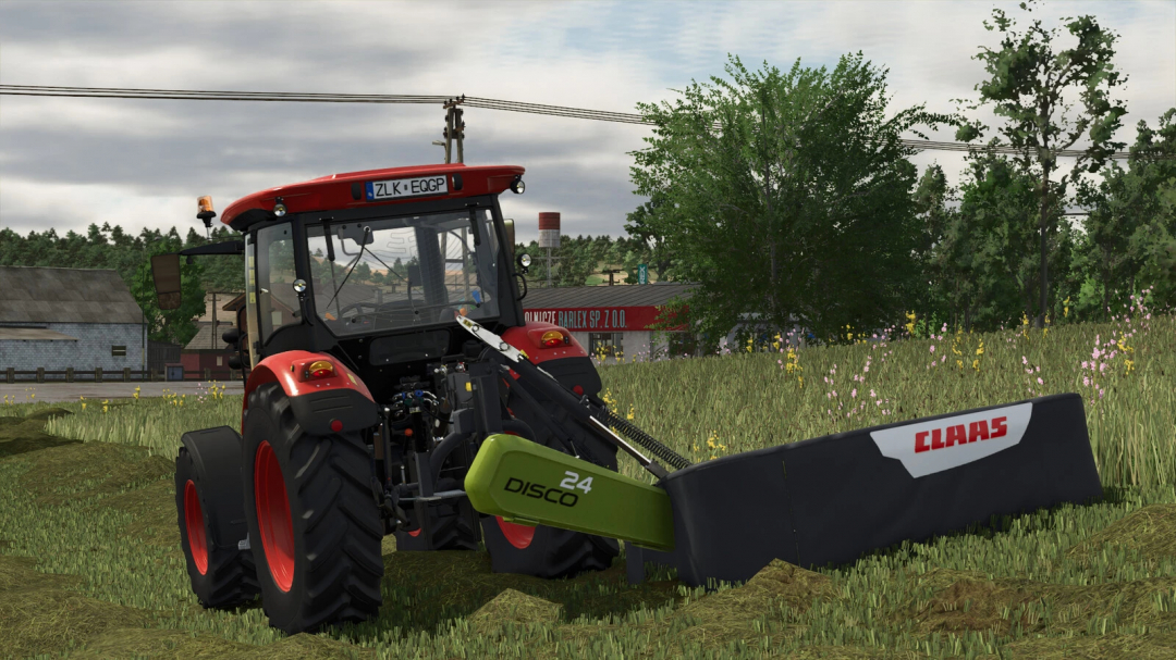 FS25 mod Claas Disco Pack v1.0.0.0 featuring a red tractor with Claas Disco 24 mower in a field.