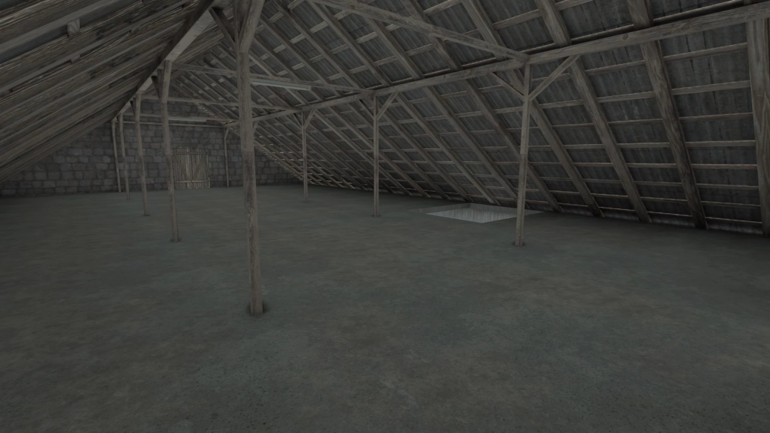 Interior view of Cow Barn With Garages v1.0.0.0 mod in FS25, showing spacious wooden beams under a sloped roof.