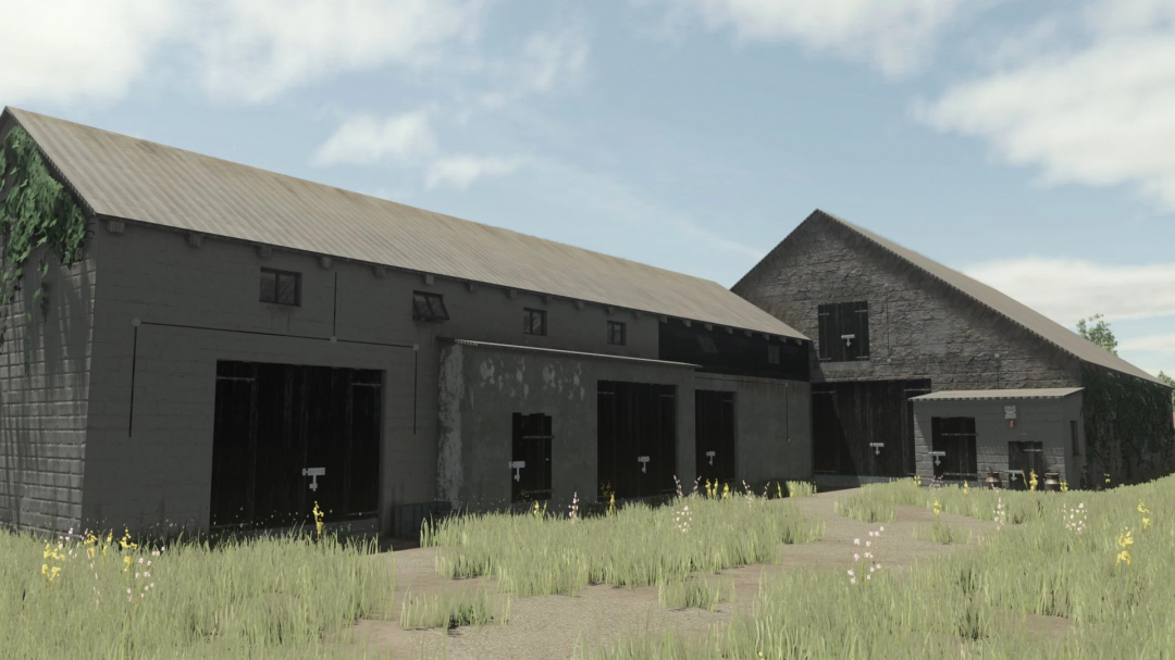 Cow Barn with Garages mod in FS25, featuring rustic barns amidst a grassy field.