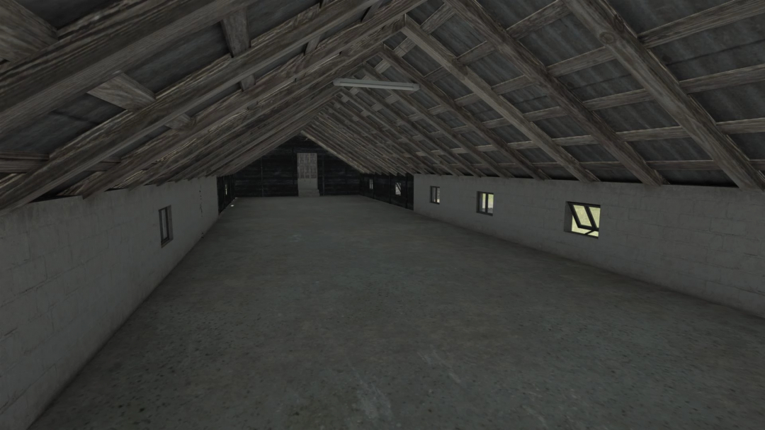 Interior of Cow Barn With Garages mod for FS25, showcasing wooden rafters and spacious, empty area.