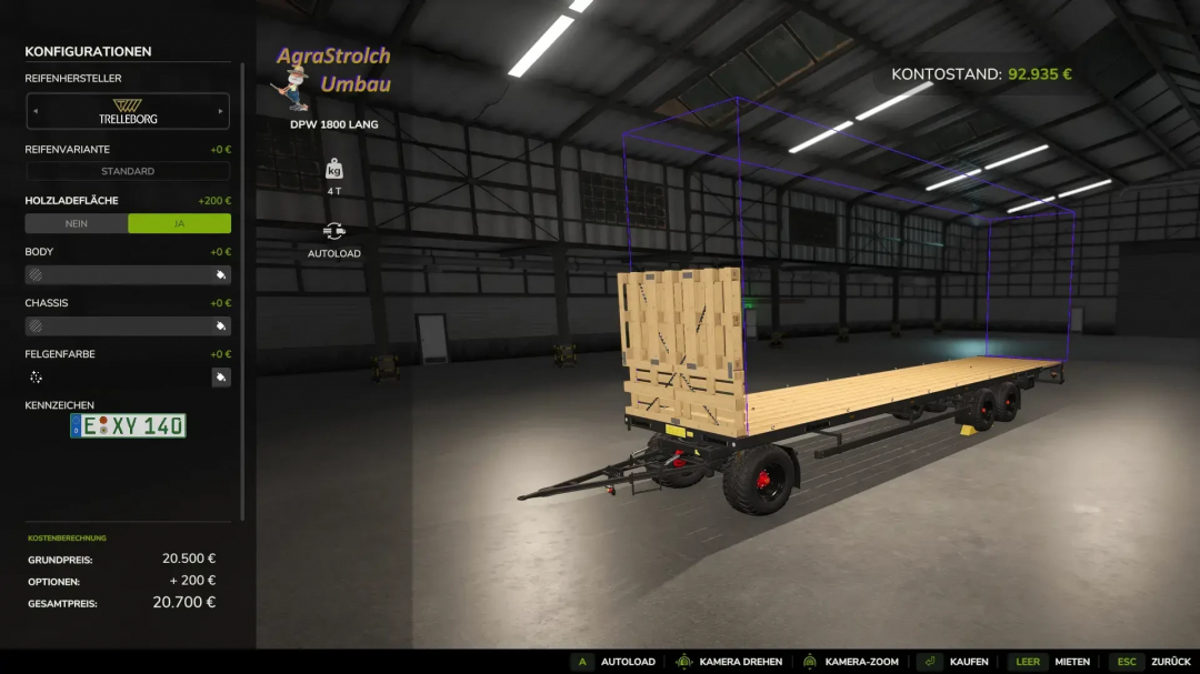 DPW 180 Langholz trailer mod in Farming Simulator 25 showing configuration options and autoload feature in a garage.