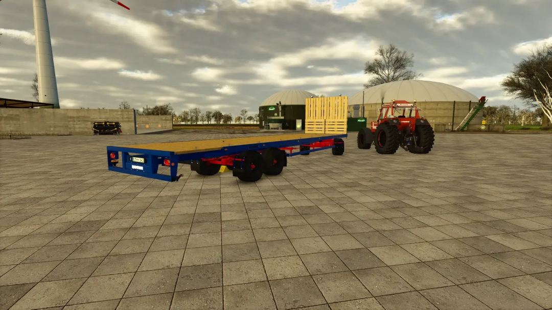 FS25 mod DPW 180 Langholz v1.1.0.0 trailer with tractor in a farmyard setting.