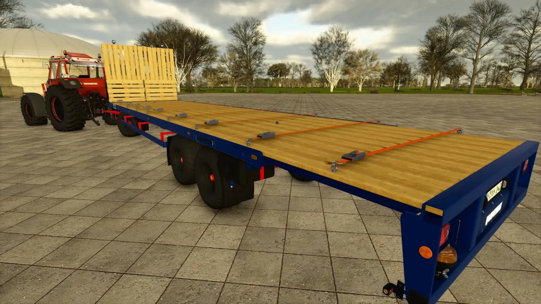 FS25 mod DPW 180 Langholz v1.1.0.0, a flatbed trailer attached to a tractor, designed for transporting long logs in Farming Simulator 25.