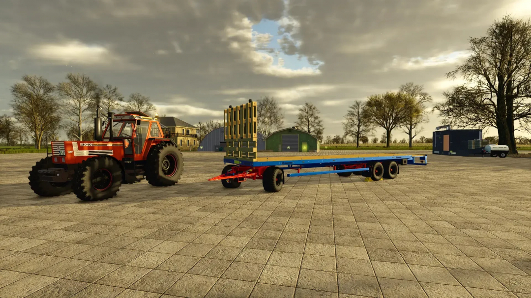 FS25 mod DPW 180 Langholz v1.1.0.0 showing a red tractor and a long blue trailer on a farm setting.